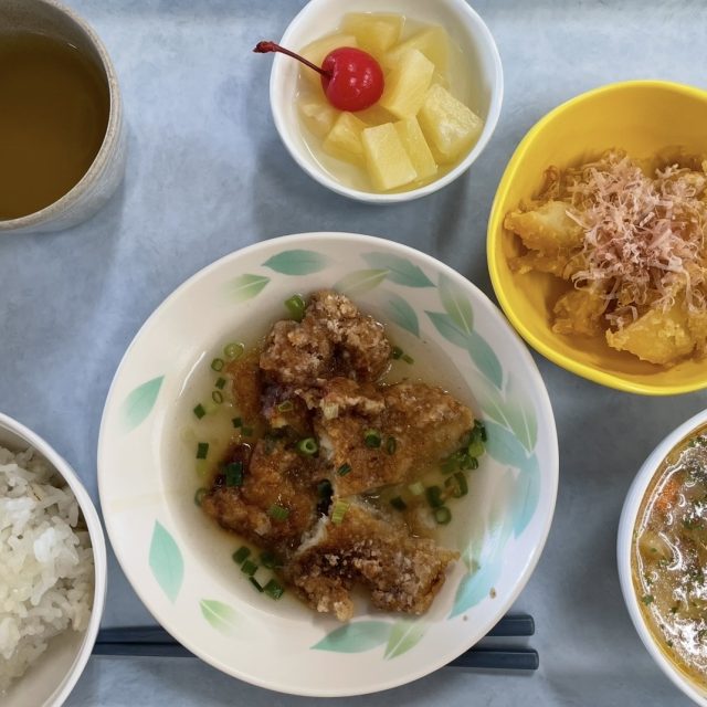 本日の昼食:鰈の葱ソースと夏野菜スープ